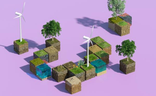 Blocks with trees and wind turbines with purple background