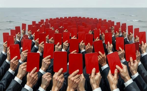 a sea of arms holding red cards