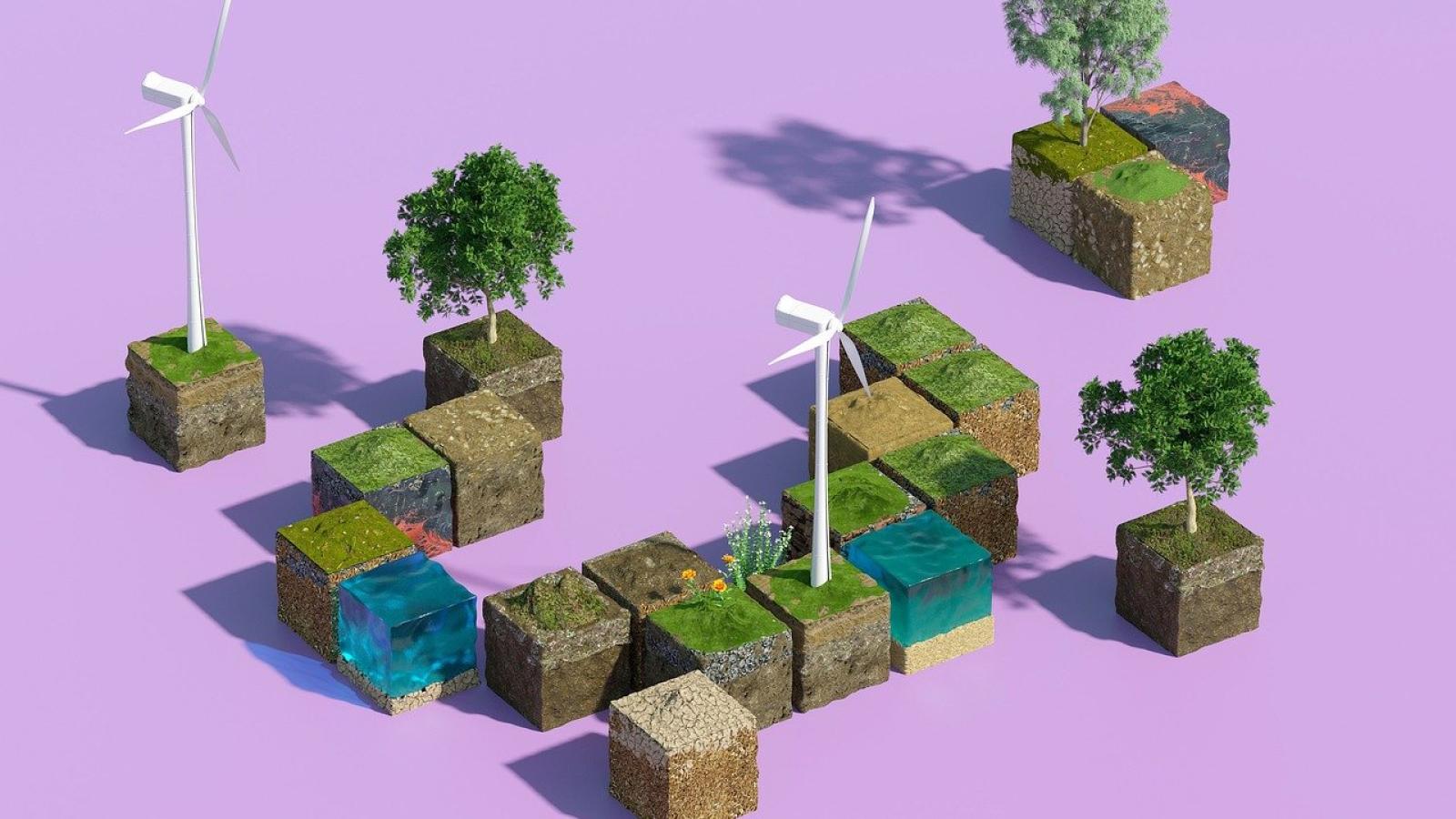 Blocks with trees and wind turbines with purple background