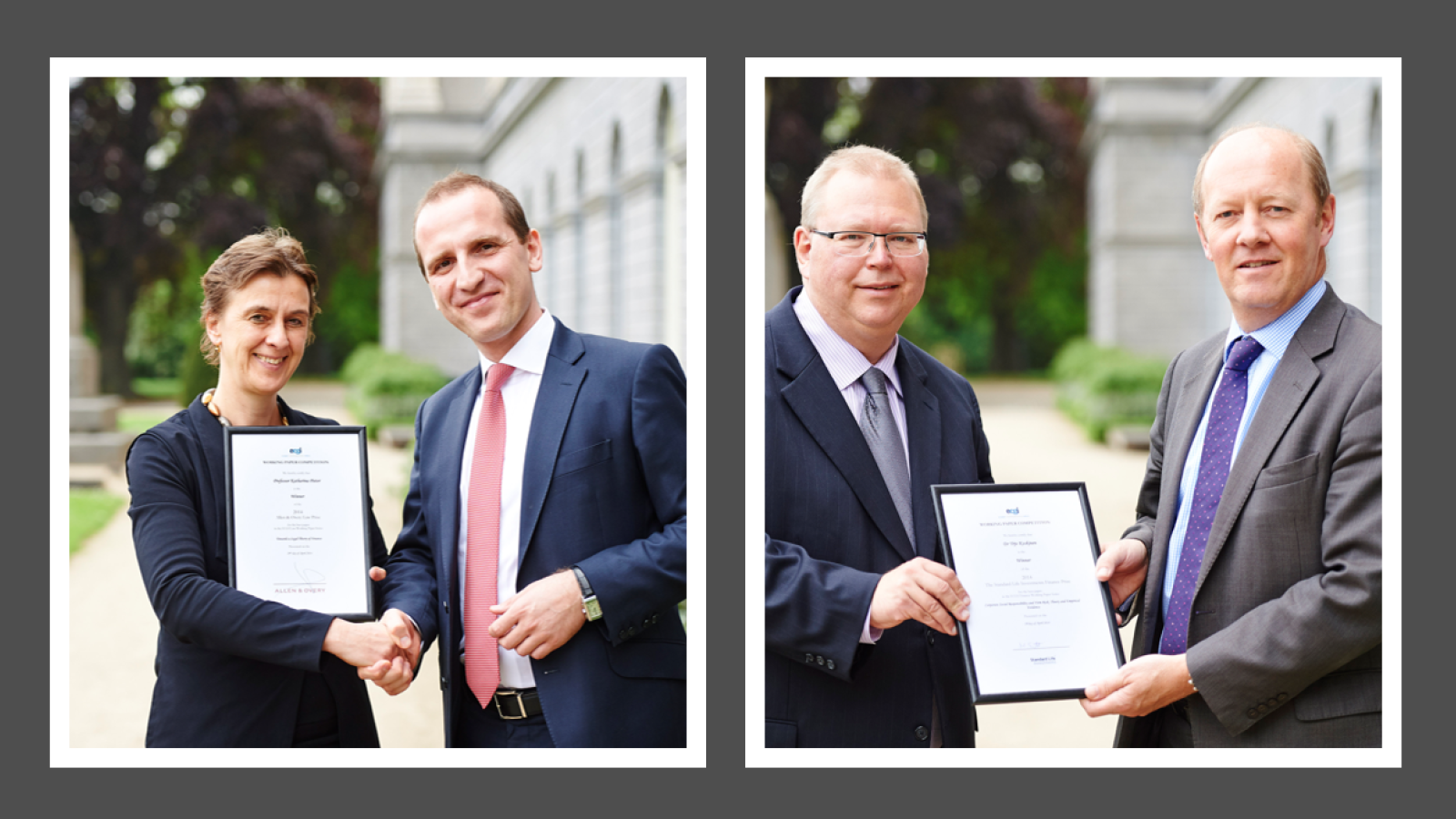 2 prizewinners shaking hands as they are presented with certificates