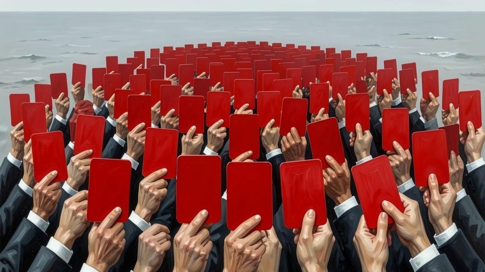 a sea of arms holding red cards